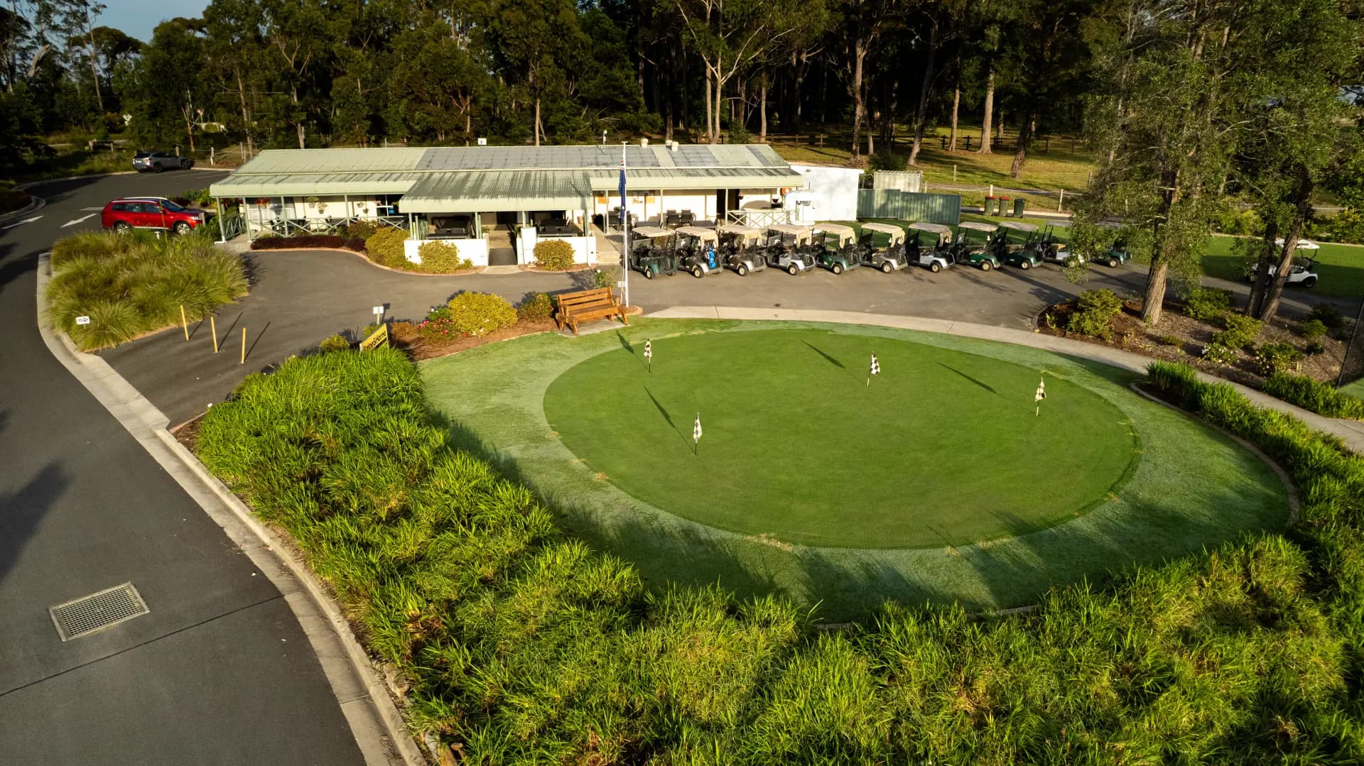 Aerial view of the fairways winding through bushland